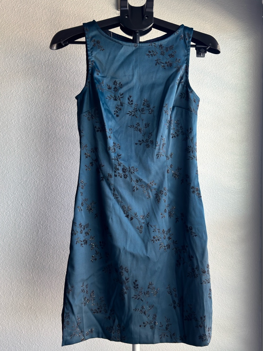 Teal Blue Sleeveless Mini Dress with Black Floral Print-Size 5/6